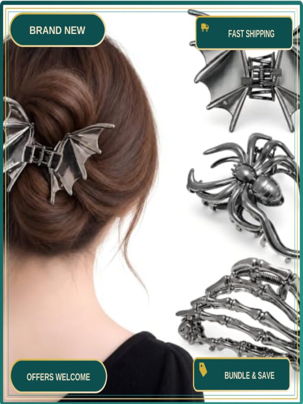 Gothic Metal Hair Claw Clips Set Bat Spider Skeleton 3 Pc Strong Hold